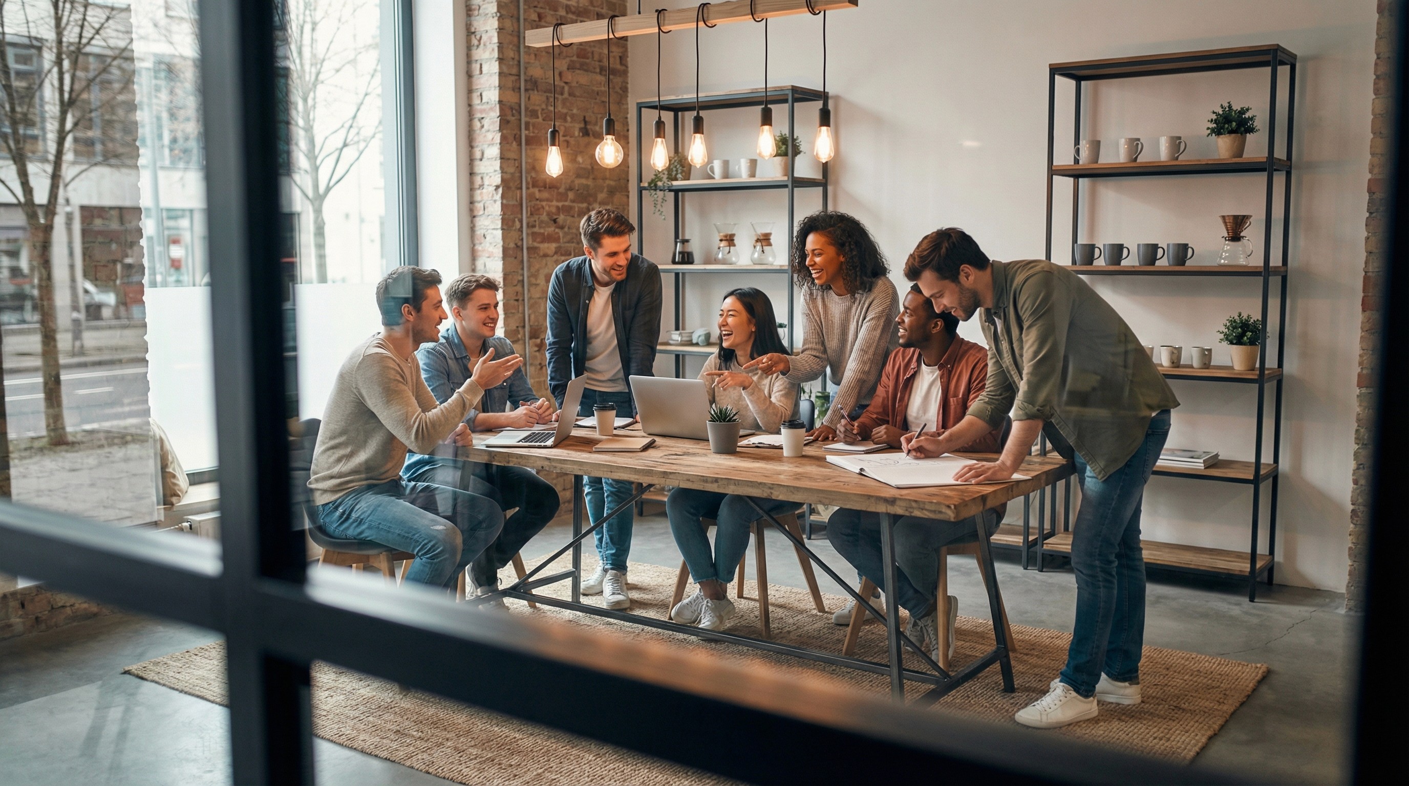 Researchers collaborating around a table